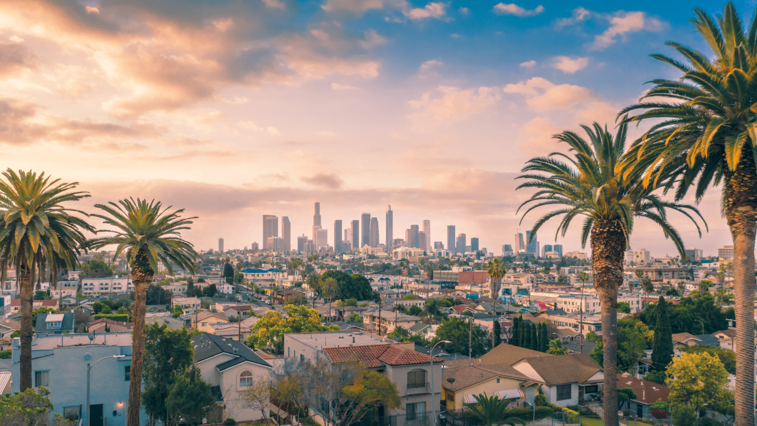 Beautiful,Sunset,Of,Los,Angeles,Downtown,Skyline,And,Palm,Trees