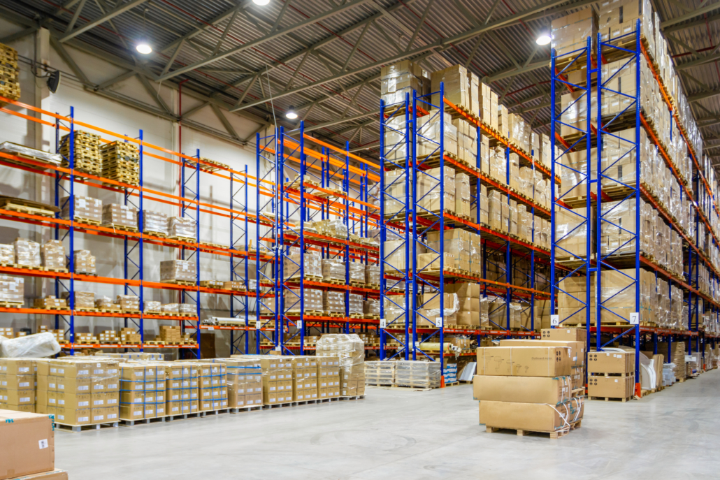 warehouse shelves with boxes and crate preparing for a relocation 