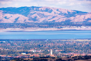 palo alto california view and desert-like mountains above the water