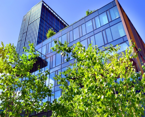 corporate building with windows and greenery around it with a blue sky