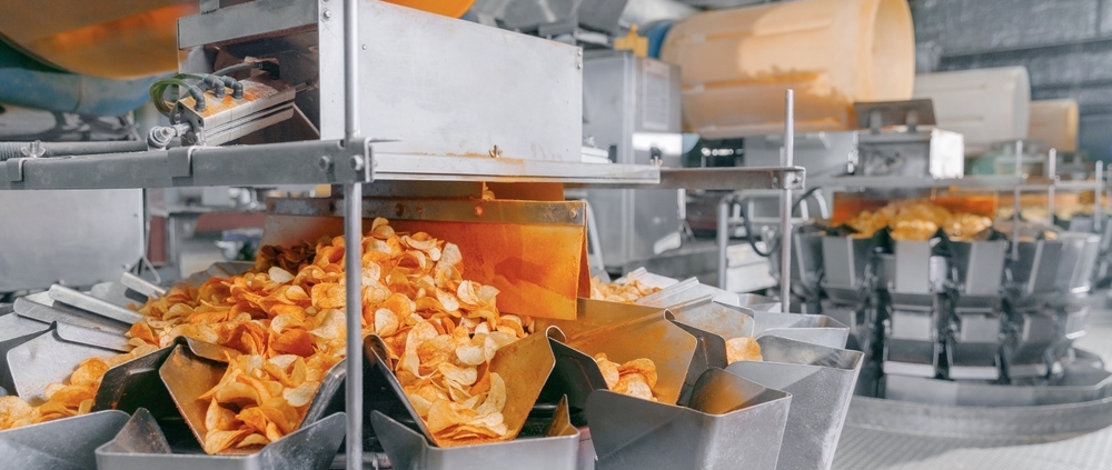 food processing plant showing potato chips being made